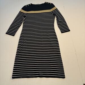 Lauren Ralph Lauren Med Black Gold Stripe Sweater Dress Nautical Button Shoulder